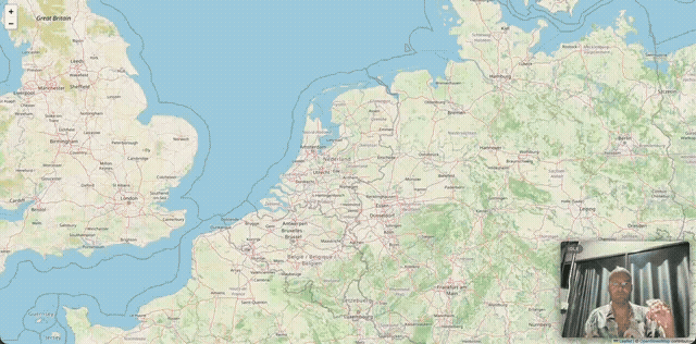Leaflet map controlled with hand gestures via webcam: panning, zooming, and rotating using fist and pinch gestures.